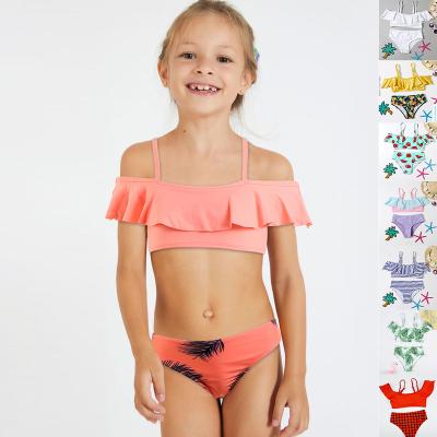 China Antibacterial Hot Selling Kids Swimsuit Adjustable Strap Halter Lace Up Removable Pad Ruffled Sleeve Girl Bikini Kids Swimwear for sale