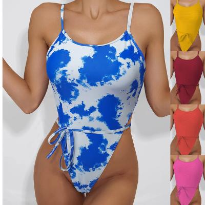 China Best Selling Antibacterial Sexy Swimsuit Tied Dyed Print Swimwear Antibacterial Halter Lace Up Protective Removable Swimwear For Women 2021 for sale