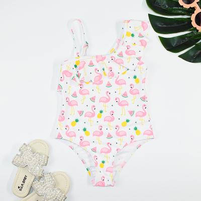 China Wholesale Custom Breathable Kids Swimwear Flamingo Cartoon Design Ruffle-Strap Girl Swimsuit for sale