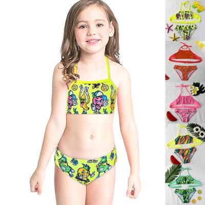 China Hot sale child bikini cartoon design breathable halter lace up child swimwear fruit print kids bikini for sale