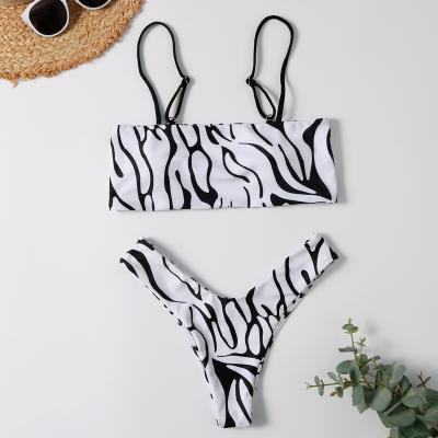 China Best Selling Breathable Women Swimwear 2021 Print Pad Removable Halter Lace Up Swimsuit For Vacation for sale