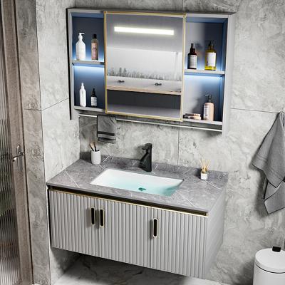 China Water Proof Luxury Bathroom Equipment Modern Style Bath Wall Hung Aluminum Bathroom Vanity Wash Basin Cabinet LED Mirror Cabinet for sale