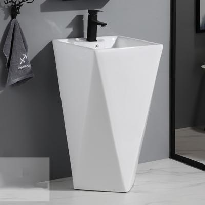 China Factory Free Standing Washbasin Pedestal Washroom Sink One Piece White Ceramic Outdoor Solid Single Direct Clean Easy Diamond Shape for sale