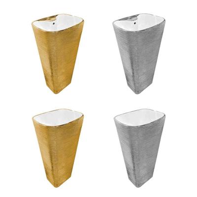 China Bathroom Easy Clean Square Wholesale Price Pedestal Sink Gold WC Standing Brush Gold Ceramic Pedestal Indoor Wash Basin for sale