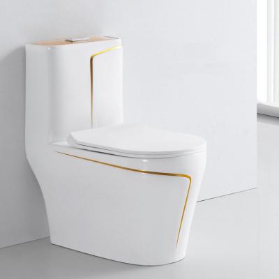 China Luxury Gold Sanitary Customizable One Piece Color Double-Flow Ware Wc Ceramic Gold Line Bathroom Toilet for sale