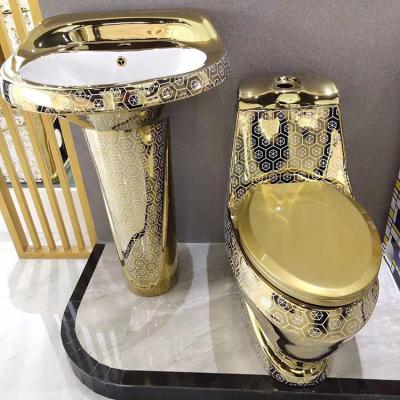 China Double-Flux Family OEM Luxury Brand Colored Toilet WC Set Gold Ceramic Floor Standing Toilet With Pedestal Washbasin for sale