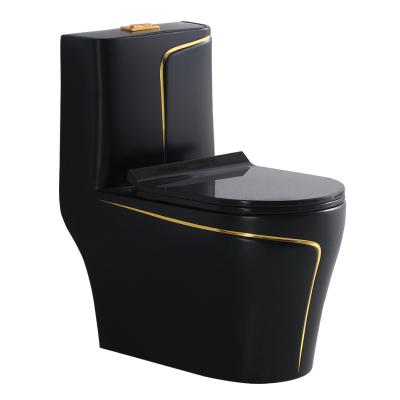 China Luxury One Piece Gold S Trap Toilet Bowl Gold Ceramic Inodoro Porcelain Bathroom Double-Flow Design Black Toilet for sale