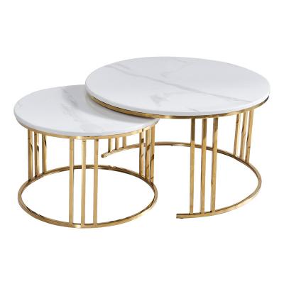 China Durable Modern Simple Nordic Style 2 Piece Nesting Gold Leg Tea Table Iron Coffee Table White Marble Top Living Room for sale