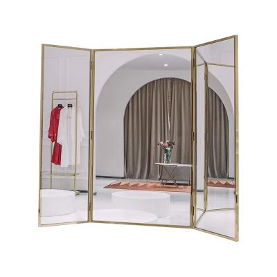 China Large Wedding Boutique Dress Standing Wall Mirror Gold Minimalist Custom Fitting Room Full Floor Mirror For Bridal Shop for sale