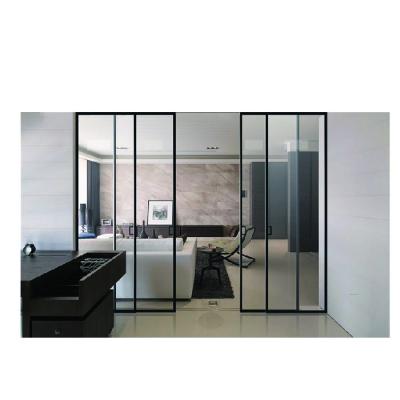 China Topwindow Sliding Customized Tempered Glass Metal Narrow Frame Soft Closing Black Interior Glass Sliding Door For Bedroom for sale