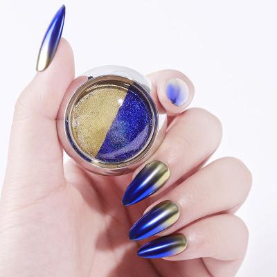 China Nail Art Salon 2020 Maniac Two Color Magic Mirror Dust Holographic Metal Titanium Nail Laser Gold Mirror Effect Powder for sale