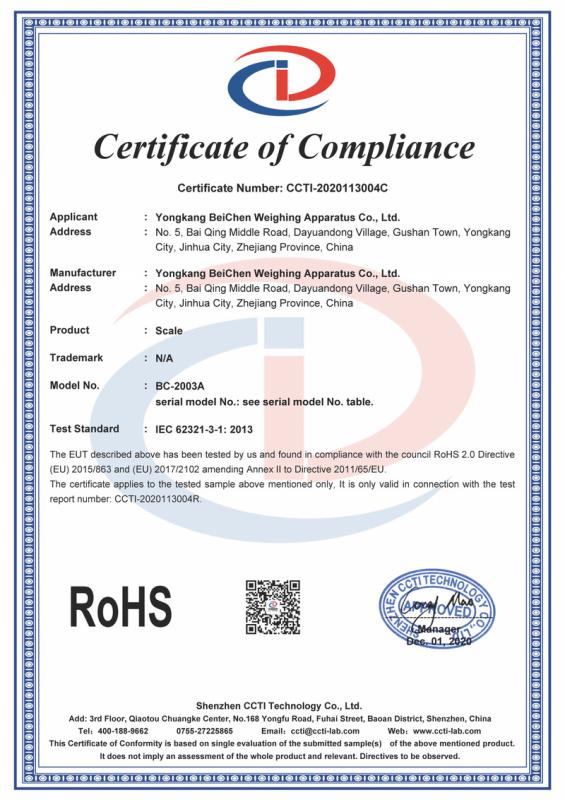 RoHS - Yongkang Beichen Weighing Apparatus Co, Ltd.