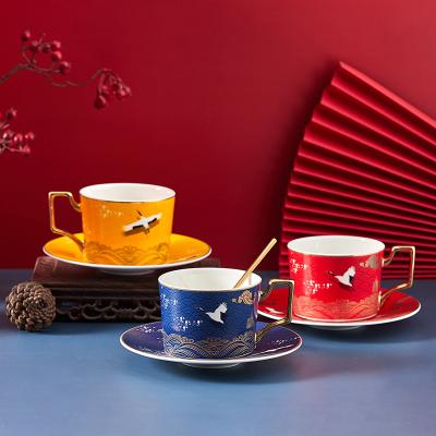 China 2020 Viable Chinese Style Bone China Spoon Latte Cup Saucer Cappuccino Bartender 250ml Ethiopian Coffee Cup for sale