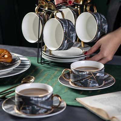 China Viable European Style Set Coffee Cup With Gold Edge Coffee Cup Saucer Set Ceramic Cup Holder for sale