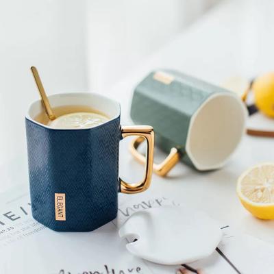 China 350ml Single Viable Ceramic Coffee Mugs Tea Mug With Lid And Spoon Office Mug Gift Ceramic Drinking Mug for sale