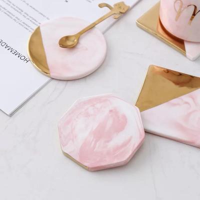 China Viable Non-Slip Square Round Hexagon Shape Ceramic Marble Coaster In Cup Coaster Cup Pink Plating Mat for sale