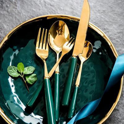 China Viable Luxury Dark Green Ceramic Handle Cutlery Set Dinnerware Fork Knife Spoon Table Flatware Flatware Set for sale