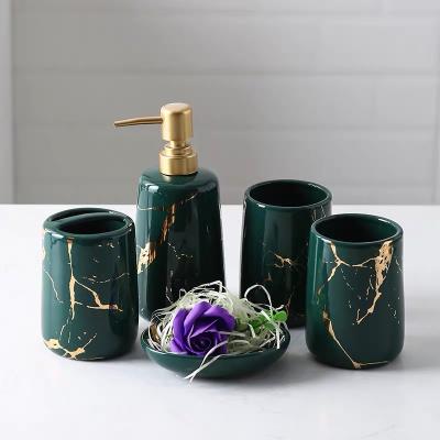 China Viable Fashion 5pcs Bathroom Set Household Wash Brush Marble Ceramic Cup, Liquid Soap Dispensers, Soap Dish for sale