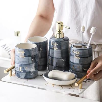 China 5 Pcs Wedding Decor Viable Gift Home Hotel Ceramic Bathroom Set Washing Tool Gift Lotion Dispenser, Convenience Dish, Toothbrush Holder for sale