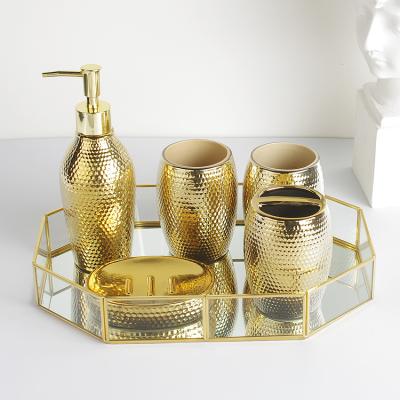 China 5pcs Viable Set Household Wash Brush Cup Soap Dish Fashion Liquid Plating Gold Ceramic Bathroom Accessories Set for sale