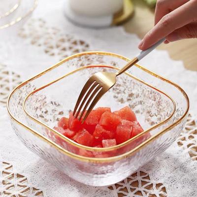 China Japanese Style Large Tabletop Soup Standable Fruit Mixer Bowl Luxury Transparent Square Glass Salad Bowl With Glod Rim for sale