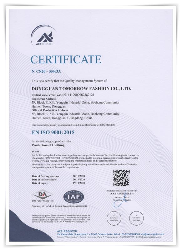 ISO9001 - Dongguan Tomorrow Fashion Co., Limited