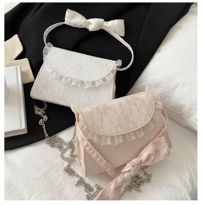 China Fashion Woman Bag 2021 Pearl Lace Bow Knot Vintage Chain Leather Cross - Body Shoulder Girls Handbags for sale