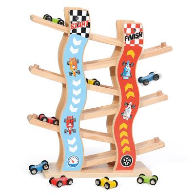 China Promotion Wooden Track Car Sets Toy For Kids Toddler Boys Girls With 4 Cars Toy For Children Diecasts for sale