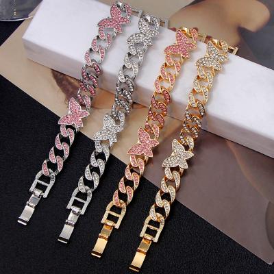 China Stylish Korean Hiphop Fashion Jewelry 2020 Crystal Butterfly Ankle Bracelet Cute Iced Out Cuban Chain Link Bracelet Rhinseone For Women for sale