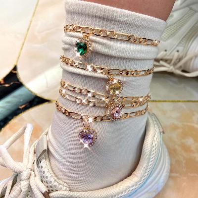 China Friendship Jewelry Gift Gold Silver Metal Color Romantic Chain Anklets For Women 2Pcs/Set Crystal Heart Anklet Multicolor for sale