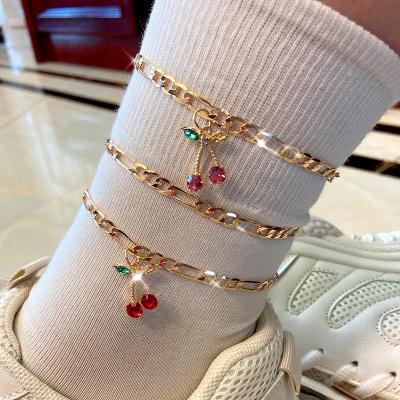 China 2Pcs/Set Crystal Cherry Anklet Sweet Cute Fruit Gold Plated Foot Jewelry Accessories Gift Anklet For Women for sale