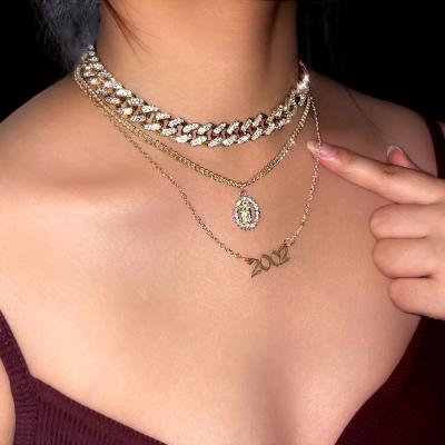 China 2002 Year Old Virgin Mary Pendant Crystal Miami Cuban Link Chain Chunky Multi Layered Chocker Necklace for sale