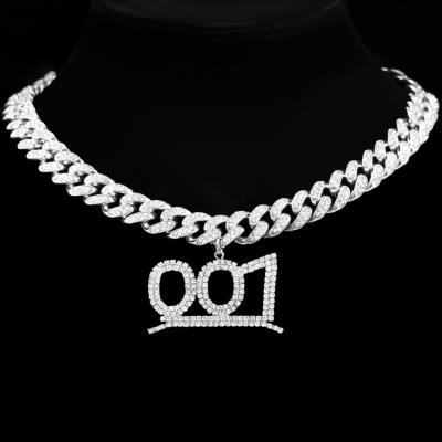 China 001 456 789 TRENDY Personalized Full Rhinestones Number Necklace Fashion Bling Iced Out Cuban Link Hip Hop Chain Jewelry For Women Men for sale