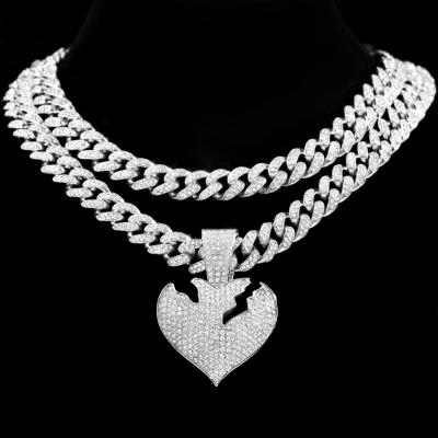 China TRENDY Gold Color Rhinestone Full Broken Heart Diamond Pendant Necklace Bling Iced out of CZ Cuban Link Chain Hip Hop Jewelry for sale