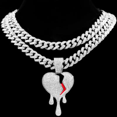 China Personalized Fashion TRENDY Bling Crystal Broken Heart Dropping Pendant Necklace Iced Out Cuban Link Hip Hop Chain Jewelry For Women for sale