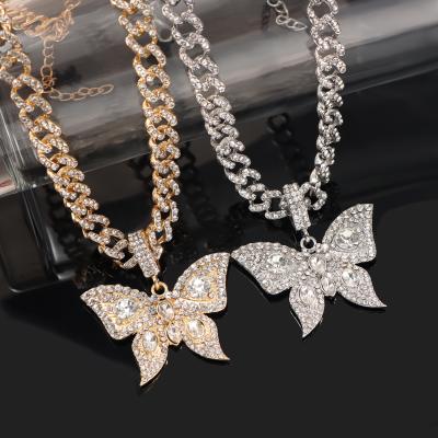 China Bling Crystal Rhinestones Miami Cuban Chain Fashion Jewelry Hip Hop BOHEMIA Newcomer Bursting Butterfly Pendant Necklace For Women for sale