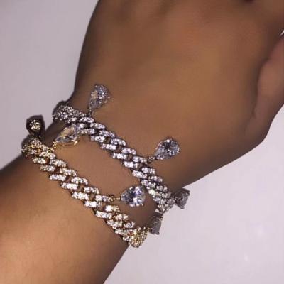 China Crystal Rhinestone Thick Women's Transparent Water Drop Cuban Link Sparkling Chain Bracelet For Women for sale