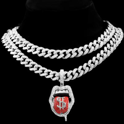 China New Fashion Mens Womens Hiphop Jewelry Micro Pave CZ Tennis Bling Bling Chain Iced Out Cuban Dollar Chain Lip Pendant Necklaces for sale