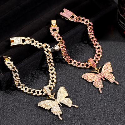 China Trendy Fashion Iced Out Butterfly Anklets For Women Jewelry Cuban Link Crystal Butterfly Charm Anklet Chains for sale