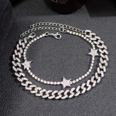 China TRENDY 2pcs/set Delicacy Star Anklet Bling Bling Cuban Link For Women Jewelry Iced Out Star Tennis Chain Anklets for sale