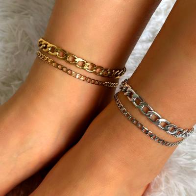 China FASHIONABLE Chain Gold Silver Color Double Foot Cuban Anklets For Women Men Simple Design Alloy Metal Anklet Chain for sale