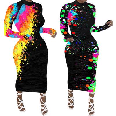 China Plus Size Breathable Slim Sexy Mixcolor Black Inkjet Print Club Party Sleeve Graffiti Long PRINT Button Down Ladies Maxi Long Dress for sale