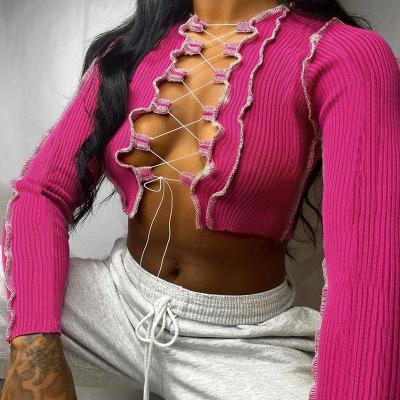 China Wholesale Sexy Chain Blouse Women's Full Sleeve Nightclub Wear Lace Bandage Long Sleeve Shirt Crop Tops for sale