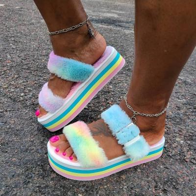 China Hotselling Winter Fashion Trend Rainbow Hairy Platform Colored Furry Slippers Thick Heel Fur Slides Women's Slippers for sale