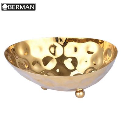 China Disposable Cafeteria Equipment Gold Stainless Steel Decorative Oval Metal Hammered Salad Bowl for sale