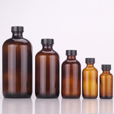 China Childproof Tamper Cap Amber Glass Boston Bottle for Stock Empty Cosmetic Containers Customized Colors and Free Sample for sale