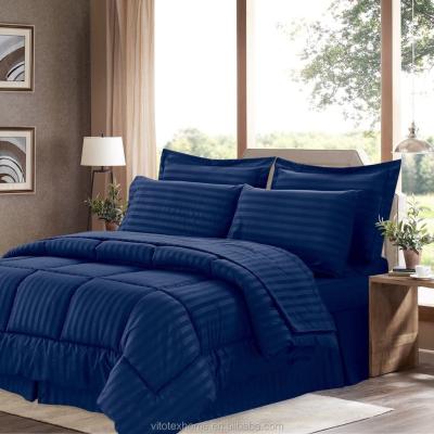 China 8 Piece Disposable Embossed Stripes 100% Polyester Microfiber Comforter Set Navy for sale