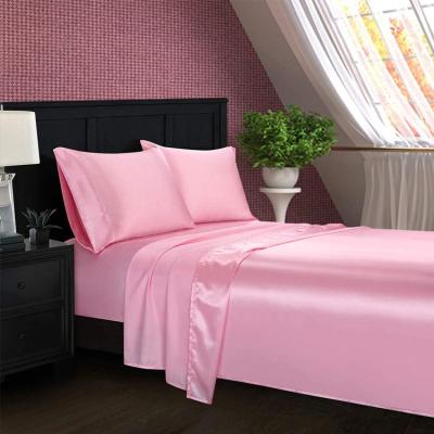 China Nondisposable 4pc Satin Bedding Sheet Set Deep Pocket Silky Satin Sheet Set Wrinkle Free Hypoallergenic Pink for sale