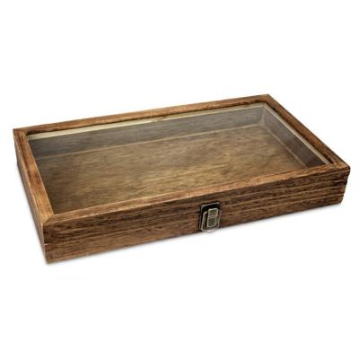 China Brown Color Wooden Handmade Jewelry / Bead Storage Box With Tempered Glass Top Lid Display Box Wooden Case for sale