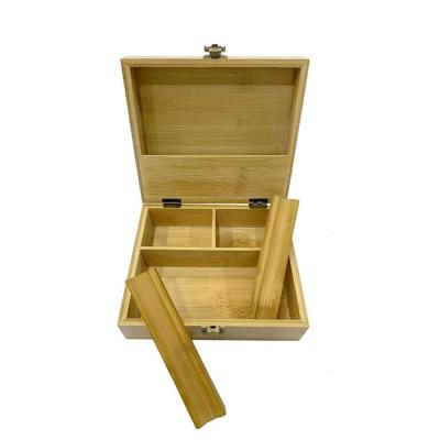 China Large Sustainable Bamboo Storage Box Bamboo Plant Organizer With Lid Hinged Bamboo Stash Box With 2 Rolling Tray for sale